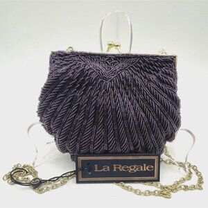 Vintage La Regale Purple Beaded Sequined Clutch Purse Clam Shell Shoulder Bag